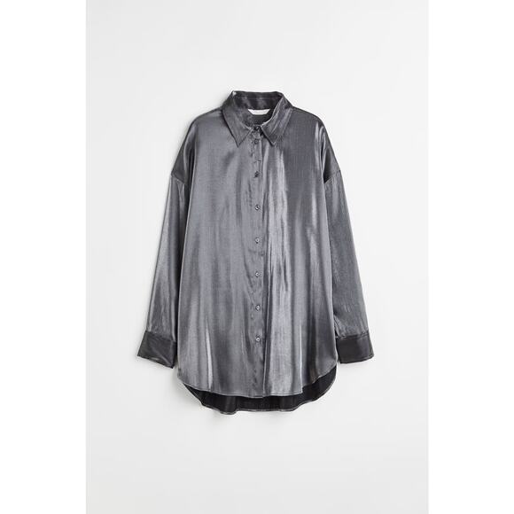 H&M Silver Metallic Button-Up Blouse Small NYE - Picture 2 of 12